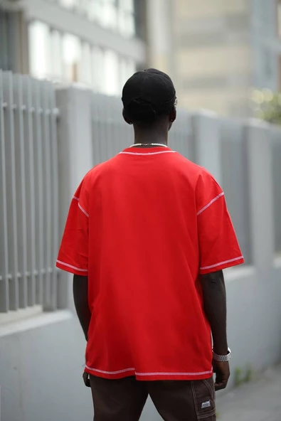 Oversize Bisiklet Yaka Baskılı Ve Zikzak Dikiş Detaylı Erkek Yazlık T-shirt - 4