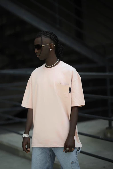 Oversize Pamuklu Bisiklet Yaka Cepli Likralı Erkek Yazlık T-shirt - Resim 7