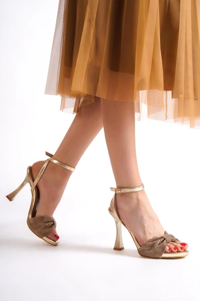 Nelson Altın Dore Fiyonk Taşlı Platform Topuklu Abiye Ayakkabı - Resim 2