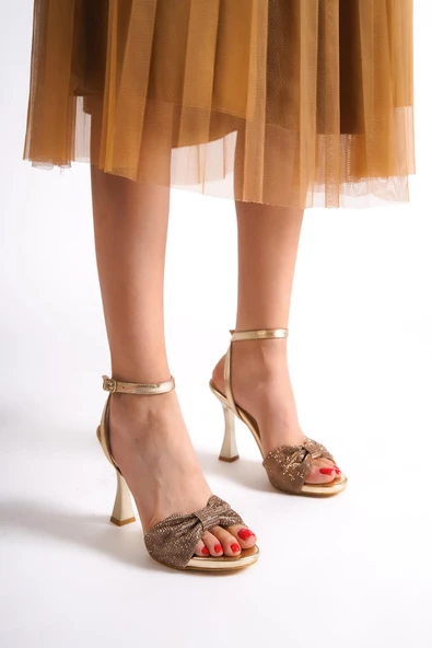 Nelson Altın Dore Fiyonk Taşlı Platform Topuklu Abiye Ayakkabı - Resim 3