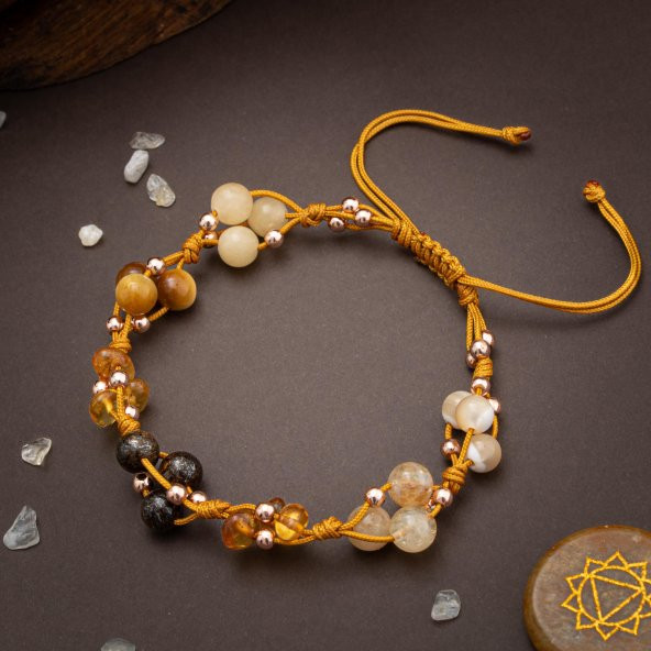 Solar Plexus Çakra Doğal Taş Bileklik - Kaplan Gözü-Bronzit-Kehribar-Aragonit-Kalsit-Sitrin - 4