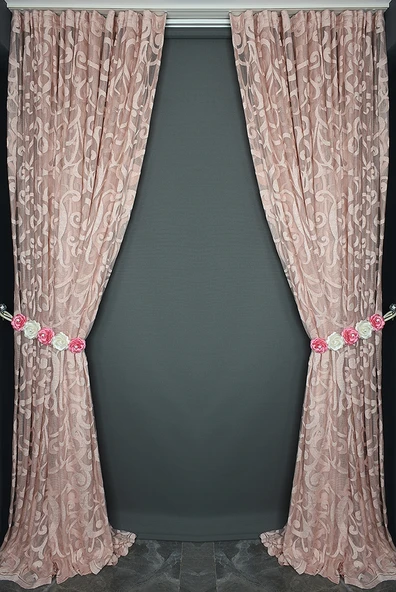 BÜYÜK SARMAŞIK PUDRA RENK TEK KANAT Hazır Dikilmiş Pileli Fon Perde 300*260 Cm - Resim 7