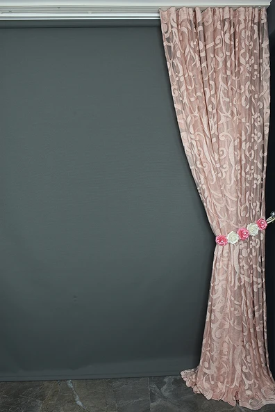 BÜYÜK SARMAŞIK PUDRA RENK TEK KANAT Hazır Dikilmiş Pileli Fon Perde 300*260 Cm - Resim 6