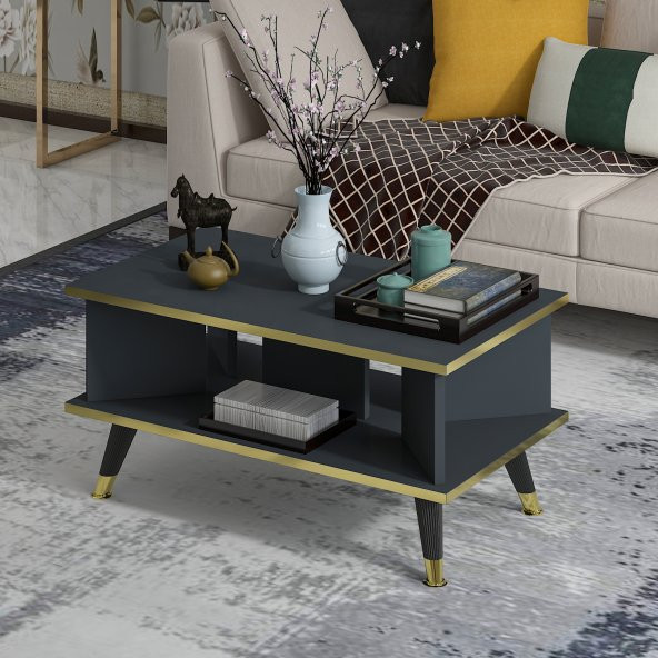 MOBİLYA GEZEGENİ Galipol Orta Sehpa 80 cm Antrasit-Altın ürün görseli 1