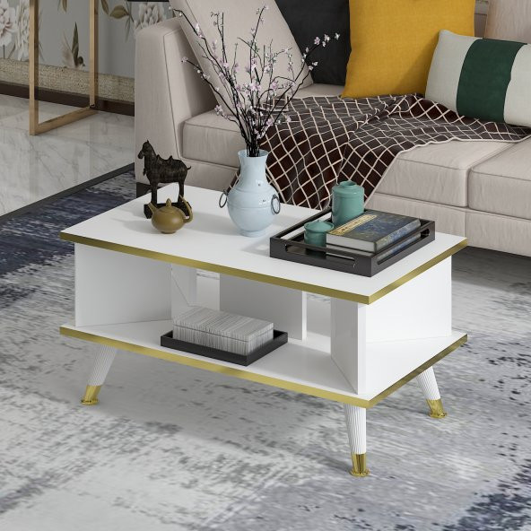 MOBİLYA GEZEGENİ Galipol Orta Sehpa 80 Cm Beyaz - Altın Renk - Resim 3