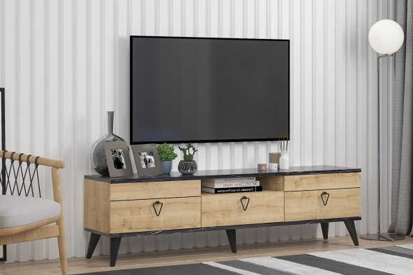 Mobilya Gezegeni Arora Tv Ünitesi 160 cm Bendir Mermer-Safir Meşe - Resim 2