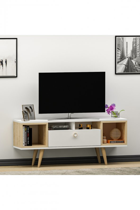 Mobilya Gezegeni Eta Ahşap Ayaklı Tv Ünitesi 120cm Beyaz- Safir Meşe