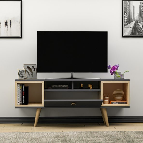 Mobilya Gezegeni Eta Ahşap Ayaklı Tv Ünitesi 120cm Antrasit - Safir Meşe - 3