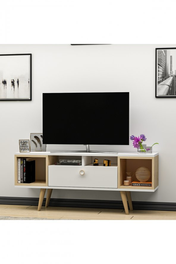 Mobilya Gezegeni Eta Ahşap Ayaklı Tv Ünitesi 120cm Beyaz- Safir Meşe - 2