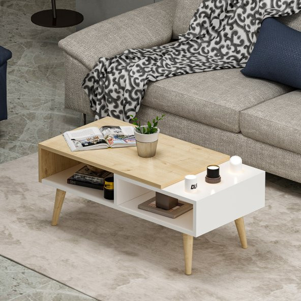 Mobilya Gezegeni Nove Ahşap Ayaklı Orta Sehpa Beyaz-Safir Meşe - Resim 2