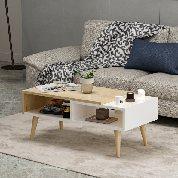 Mobilya Gezegeni Nove Ahşap Ayaklı Orta Sehpa Beyaz-Safir Meşe - Resim 3