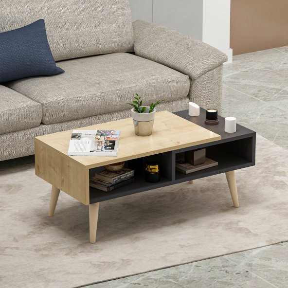 Mobilya Gezegeni Nove Ahşap Ayaklı Orta Sehpa Antrasit-Safir Meşe - Resim 2