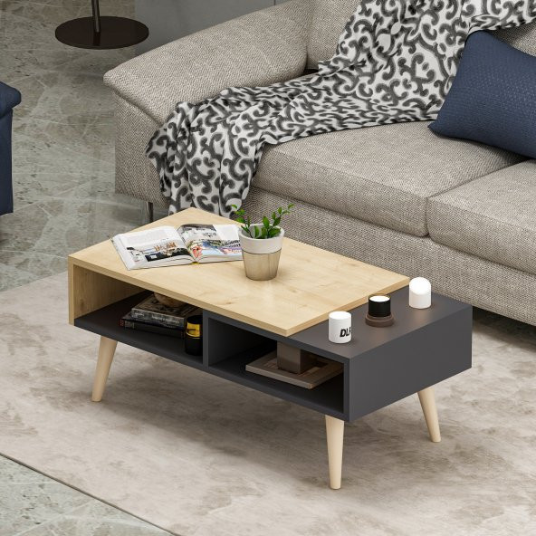 Mobilya Gezegeni Nove Ahşap Ayaklı Orta Sehpa Antrasit-Safir Meşe - Resim 3