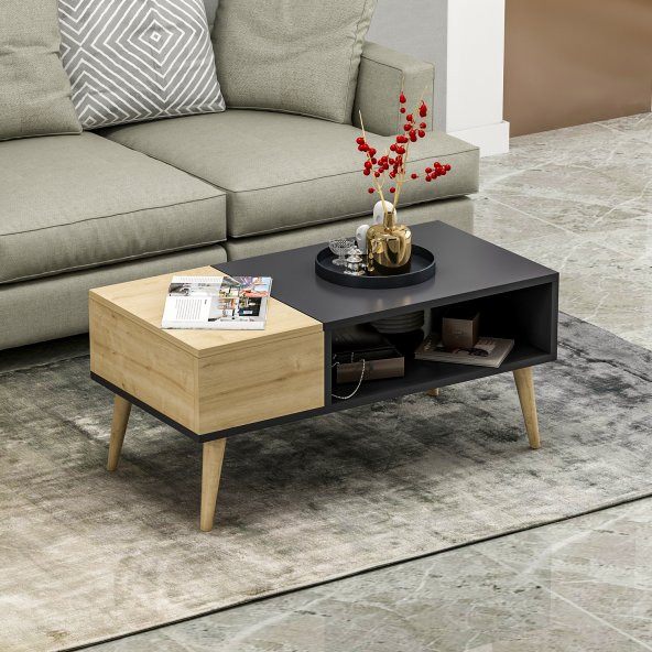 Mobilya Gezegeni Softly Ahşap Ayaklı Orta Sehpa Antrasit-Safir Meşe ürün görseli 1