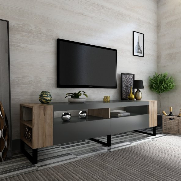 MOBİLYA GEZEGENİ BELGRAD TV ÜNİTESİ ANTRASİT-ÇIRAĞAN 42 CM DERİNLİK / 150 CM GENİŞLİK DEMİR AYAKLI