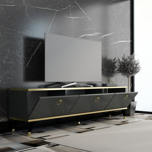 MOBİLYA GEZEGENİ ELİTE GOLD TV ÜNİTESİ ANTRASİT - GOLD 150 CM - Resim 2