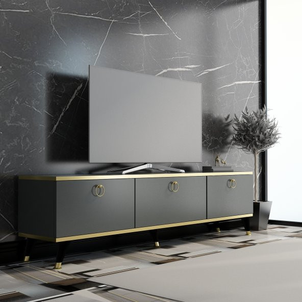 MOBİLYA GEZEGENİ GOLD TV ÜNİTESİ ANTRASİT GOLD 210 Cm GENİŞLİK  Z3001