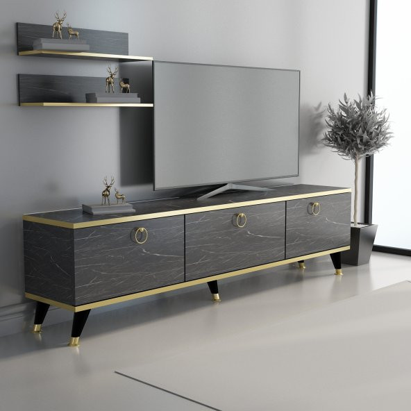 MOBİLYA GEZEGENİ Life Tv Ünitesi Bendır Mermer-Altın 210 Cm Genişlik Z3002 - 1