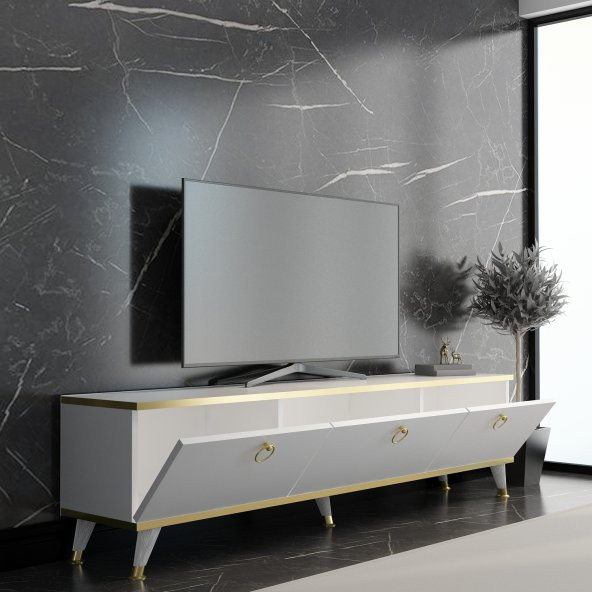 MOBİLYA GEZEGENİ GOLD TV ÜNİTESİ BEYAZ GOLD 210 CM GENİŞLİK Z3001 - 2