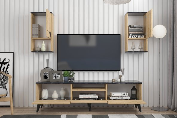 Mobilya Gezegeni Pandora Tv Ünitesi 160 cm Bendir Mermer-Safir Meşe - 3