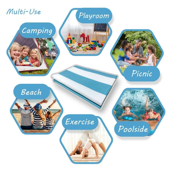 CRAFT HOME KATLANABİLİR PLASTİK HASIR HALI KİLİM KAMP PİKNİK PLAJ PARK BAHÇE TERAS VERANDA TURKUAZ-BEYAZ - 2