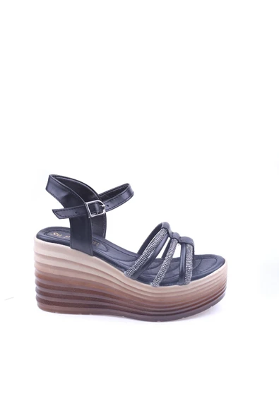 Papuç Sepeti Spr 503 Kadın 9 Cm Dolgu Topuklu Cilt Sandalet - Resim 2