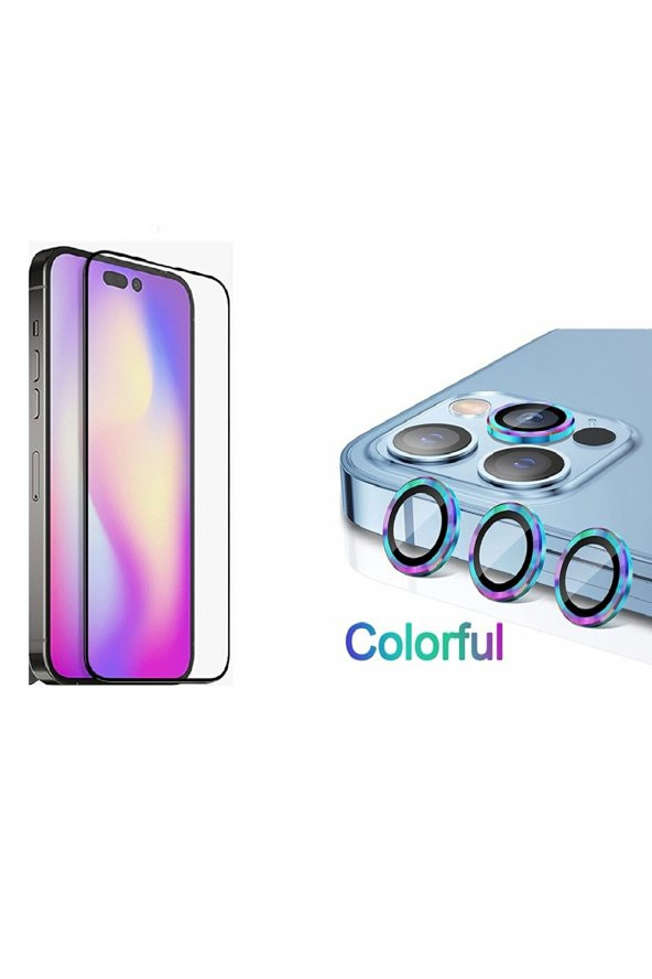 Apple Iphone 14 Pro Max Uyumlu Tam Kapatan Tamperli Cam Ve Renkli Kamera Lens Koruyucu Set