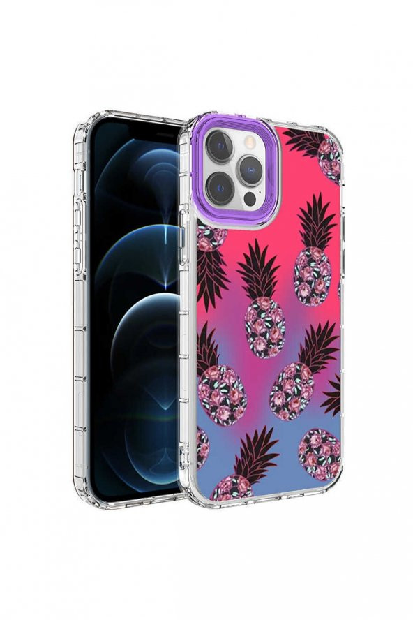 Iphone 14 Pro Uyumlu Kılıf Kamera Korumalı Ananas Desenli Renkli Sert Parlak Silikon Kapak Korn