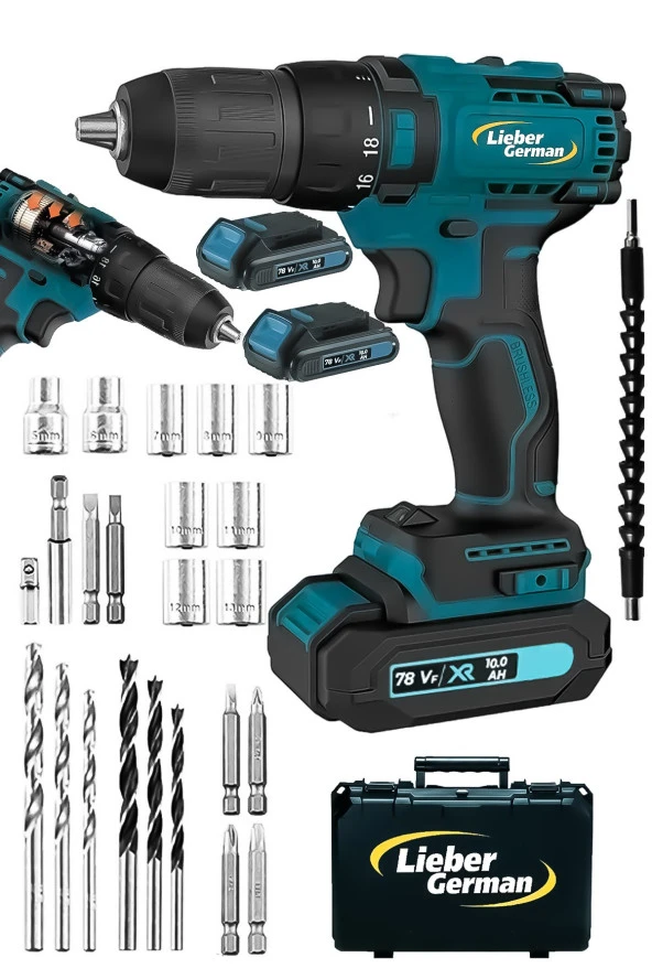 Lieber German X-DRİVE Darbeli 514.4 V 2 Ah Çift Akülü Metal Şanzuman Şarjlı Vidalama Matkap 27 Pcs Set