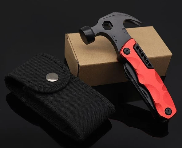 Valkyrie Çok Fonksiyonlu Çekiç Çakı Çantalı Kamp Outdoor Testere Tornavida Seti Kırmızı - 3