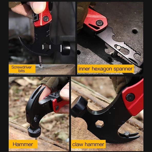 Valkyrie Çok Fonksiyonlu Çekiç Çakı Çantalı Kamp Outdoor Testere Tornavida Seti Kırmızı - 4
