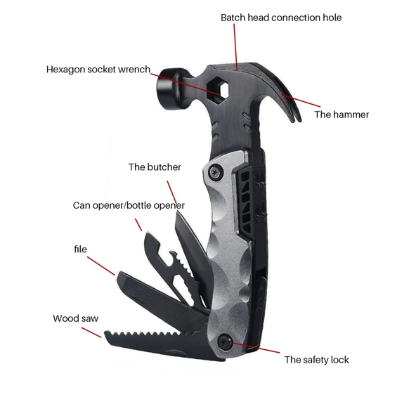 Valkyrie Çok Fonksiyonlu Çekiç Çakı Çantalı Kamp Outdoor Testere Tornavida Seti Gri - 9