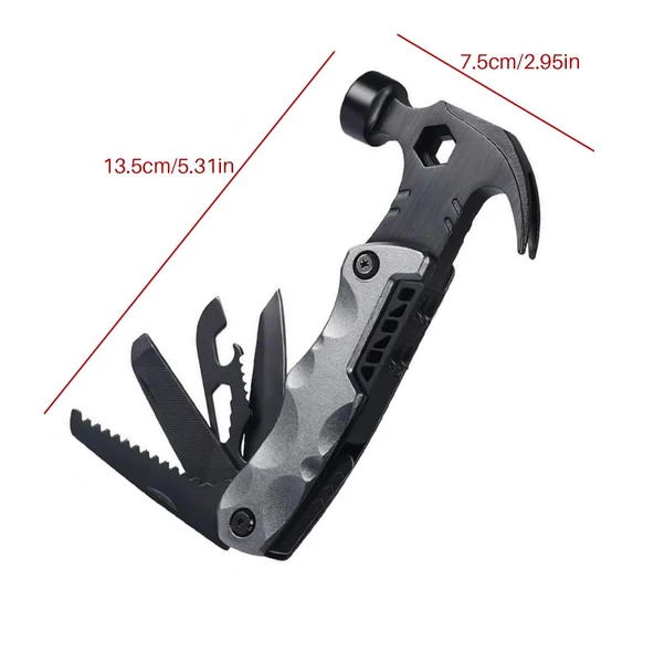Valkyrie Çok Fonksiyonlu Çekiç Çakı Çantalı Kamp Outdoor Testere Tornavida Seti Gri - 6