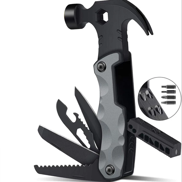Valkyrie Çok Fonksiyonlu Çekiç Çakı Çantalı Kamp Outdoor Testere Tornavida Seti Gri - 3