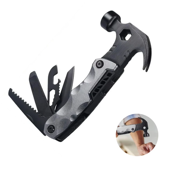 Valkyrie Çok Fonksiyonlu Çekiç Çakı Çantalı Kamp Outdoor Testere Tornavida Seti Gri - 5