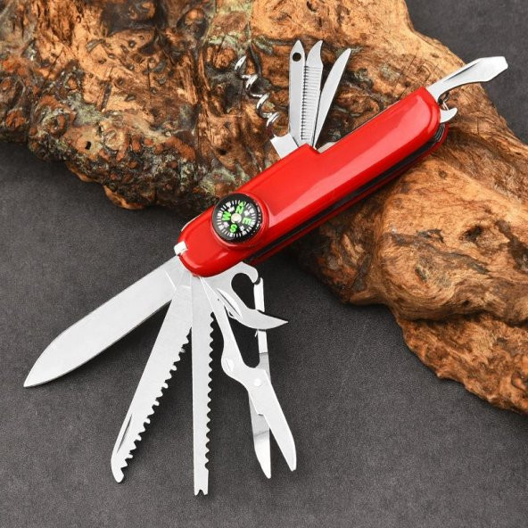 Valkyrie 14 Fonksiyonlu Pusulalı Çok Amaçlı Cep Çakısı Kırmızı - 10