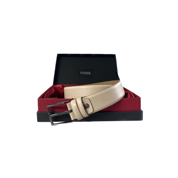 Fossil Krem Hakiki Deri Klasik 3,5 Cm Erkek Kemeri-120CM