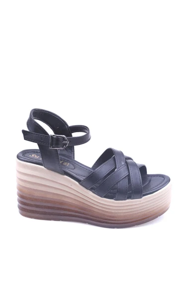 Papuç Sepeti Spr 514 Kadın 9 Cm Dolgu Topuklu Cilt Sandalet - Resim 2