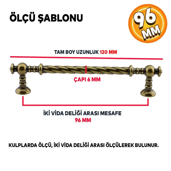 Burgu Eskitme Antik Sarı 96 mm Metal Mobilya Mutfak Çekmece Kapak Dolap Dolabı Kulpu Kulbu Kulpları - 2