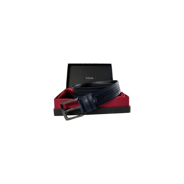 Fossil Lacivert Desenli Hakiki Deri Spor Erkek Kemeri 4cm-110CM