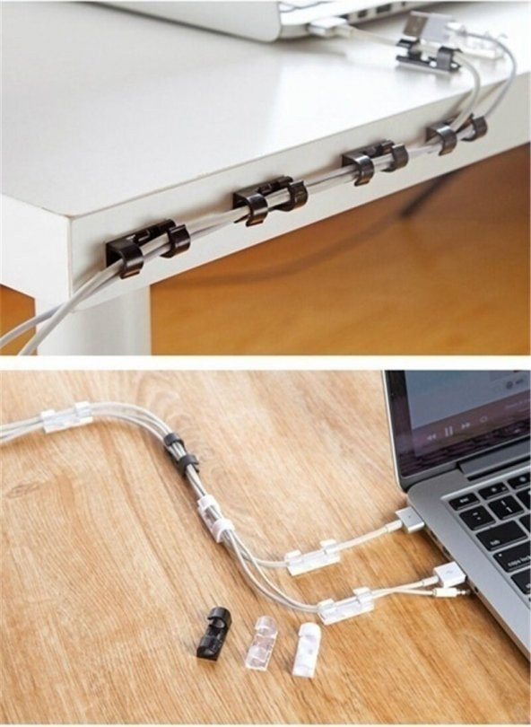Yapışkanlı Mini 20 LI Klips USB Pc Adaptör Kablo Tutucu Aparat Şeffaf Renk - 2