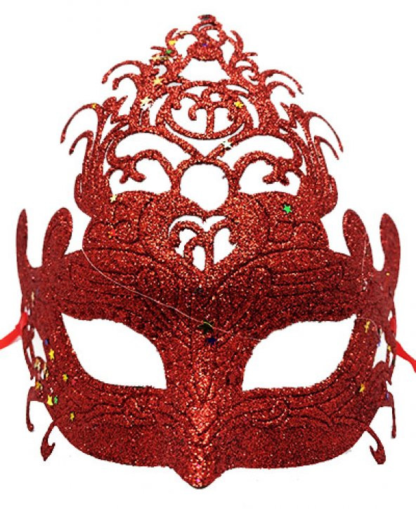 Kırmızı Renk Parti Maskesi - Parlak Kırmızı Sim Balo Maskesi 21x20 cm (3984)