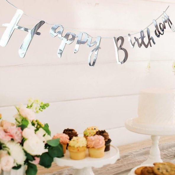 Happy Birthday Kaligrafi Banner - Gümüş - 3