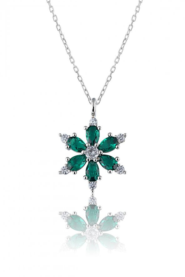 Zanaatsilver 925 Ayar Gümüş Zincirli Yeşil Taşlı Rodyum kaplama Lotus Kamelya Çiçeği Kolye