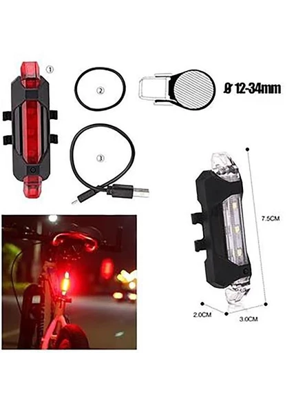 Bisiklet Işığı Led Stop Arka Ikaz Lamba Işık Usb Şarjlı 4 Mod beyaz-kırmızı ledli - 3