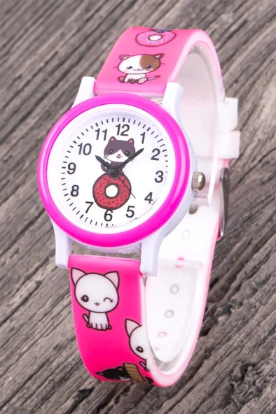 Çocuk Kol Saati Pembe Silikon Kordon Kız Çocuk Kedi Desenli Rakamlı Analog ST-304340 - 2