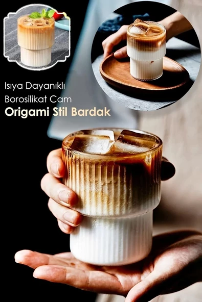 Origami Stil Şeffaf Çizgili Cam Bardak Kokteyl Çay Kahve Sunum Isıya Dayanıklı Borosilikat Bardağı