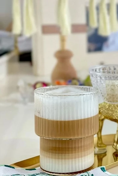 Origami Stil Şeffaf Çizgili Cam Bardak Kokteyl Çay Kahve Sunum Isıya Dayanıklı Borosilikat Bardağı - 4