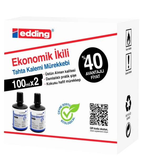 Edding Legamaster Tahta Kalemi Mürekkebi 100 ml. SİYAH x 2li Kutu
