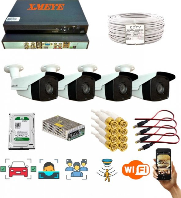 4 Kameralı Araç Yüz ve Insan Tanımalı Hareket Algılayan 5 Mp Lens 1080P 4 Array LED Güvenlik Kameras